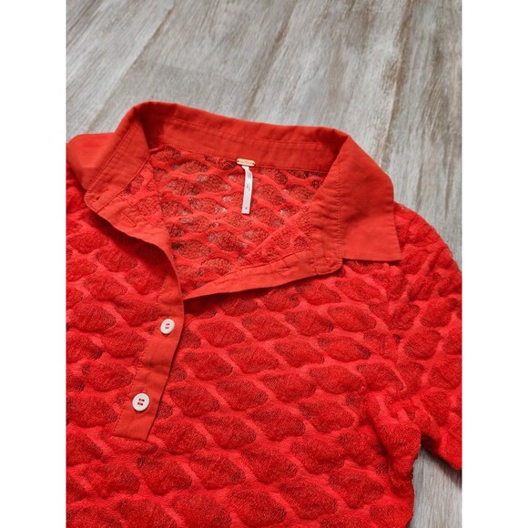Free People Red Girl Next Door Polo Top Coquette Slim Fit Long Sleeve L Sz S - Picture 3 of 9